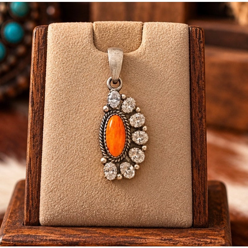 Orange Spiny Oyster & Cubic Zirconia Pendant Sterling Silver