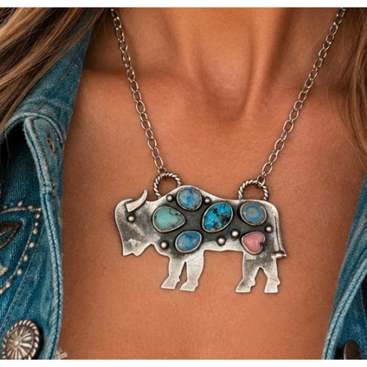 Turquoise Multi Stone Large Buffalo in Sterling Silver with 22" Chain