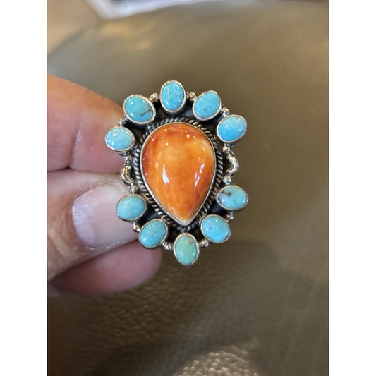 Kingman Turquoise With Large Orange Spiny Teardrop Set In Sterling Silver