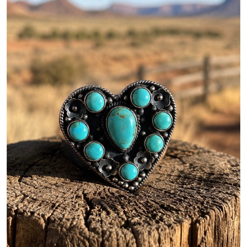 Kingman Mohave Turquoise Heart Cluster Sterling Silver Statement Ring