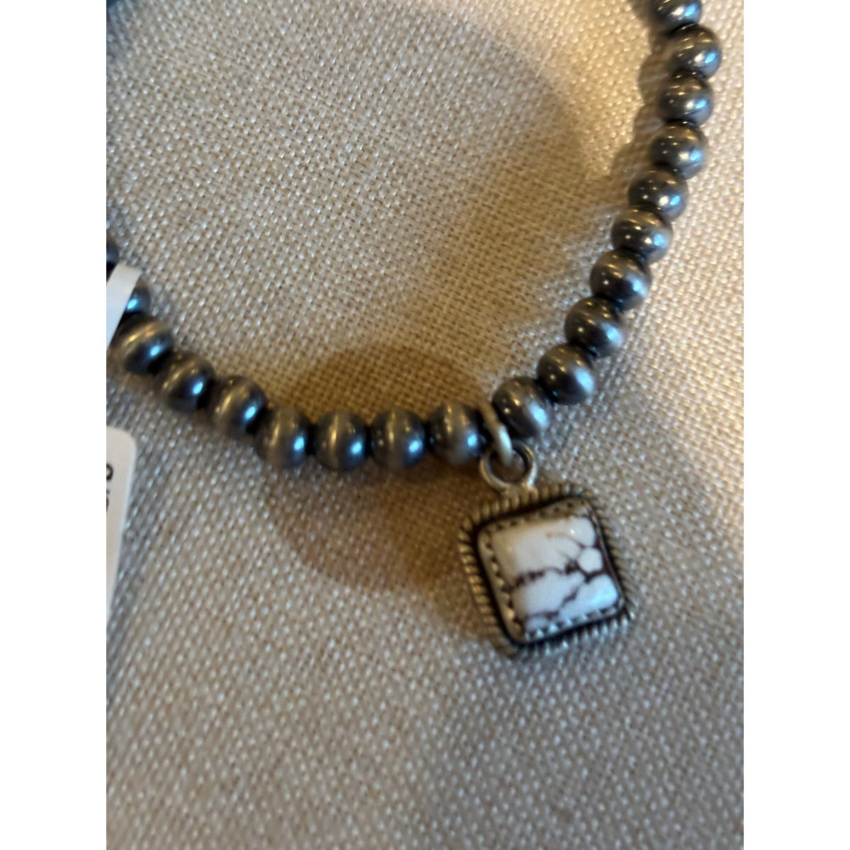 5mm Sterling Silver Pearl Bead Bracelet with White Horse Turquoise Charm – Adjustable 7–8"