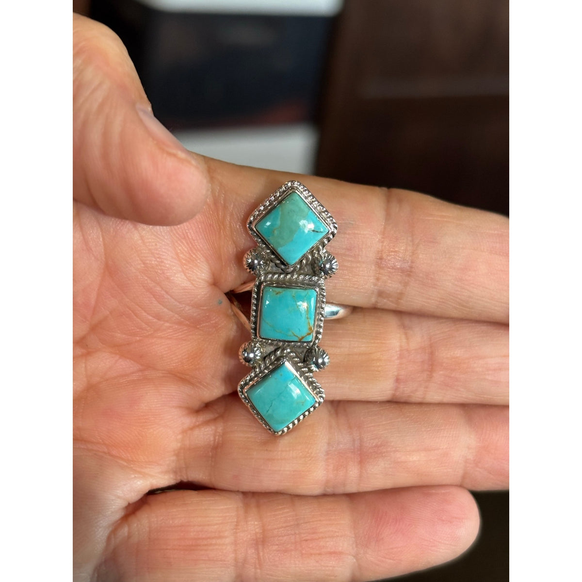 Three-Stone Kingman Turquoise Crawler Ring – Sterling Silver