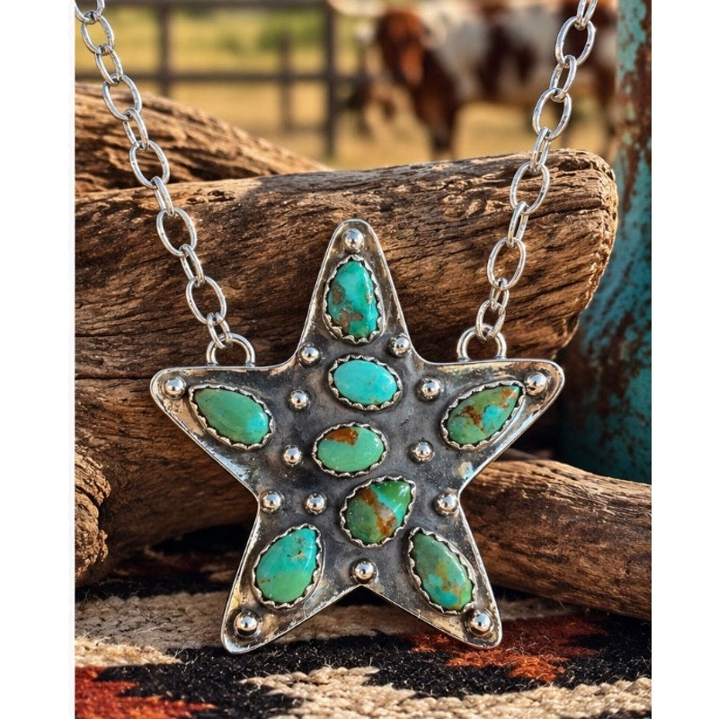 Kingman Turquoise Star Statement Necklace – Sterling Silver, 19" Paperclip Chain