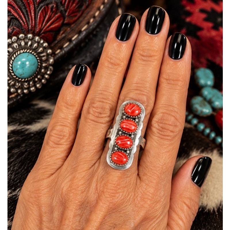 Bold Red Spiny Southwestern Statement Crawler Ring – Sterling Silver