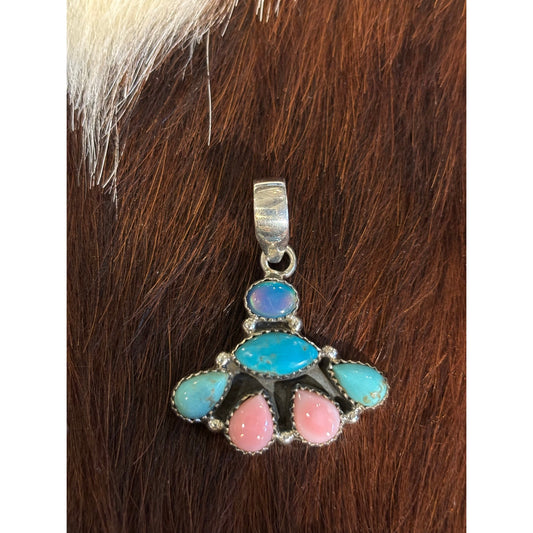 Kingman Turquoise Blue Opal & Pink Conch Pendant 925 Silver