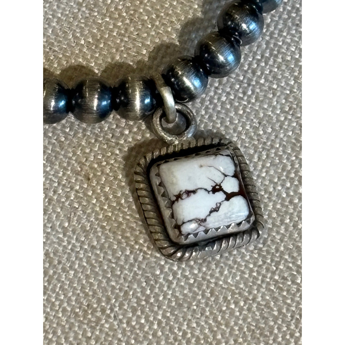 5mm Sterling Silver Pearl Bead Bracelet with White Horse Turquoise Charm – Adjustable 7–8"
