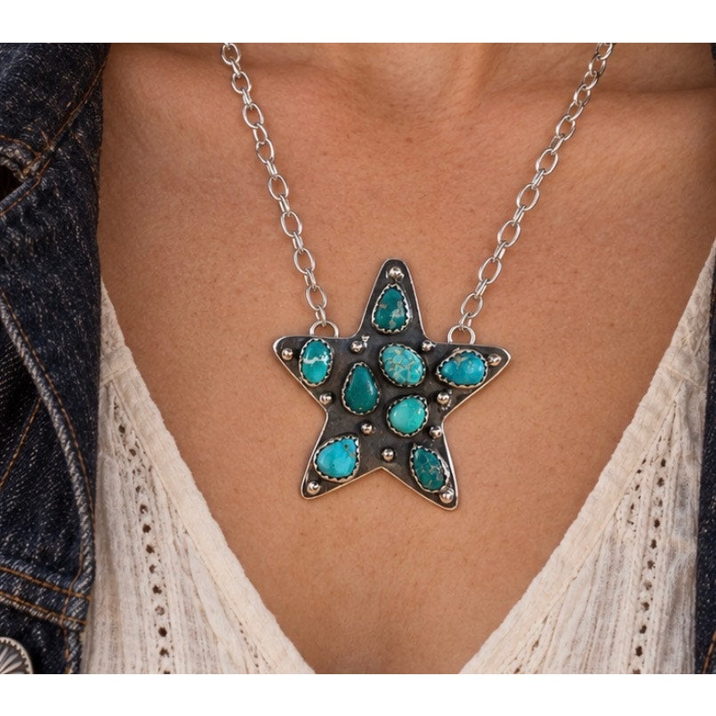 White Water Turquoise Sterling Silver Star Necklace – 20" Southwestern