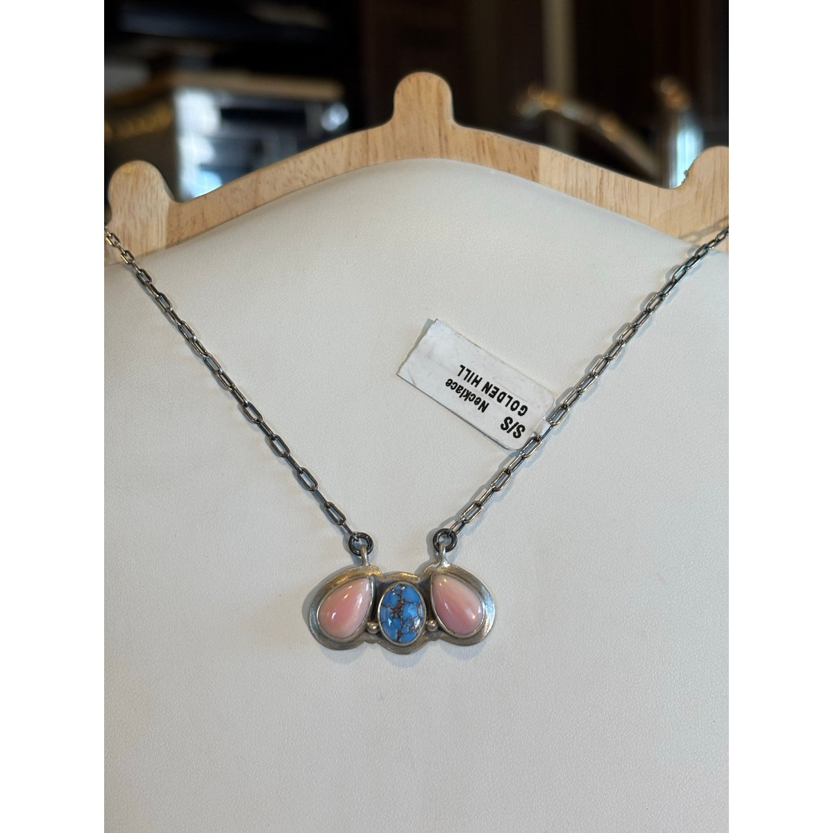 Pink Conch & White Water Turquoise Bar Necklace – Sterling Silver, Adjustable 20" Paperclip Chain