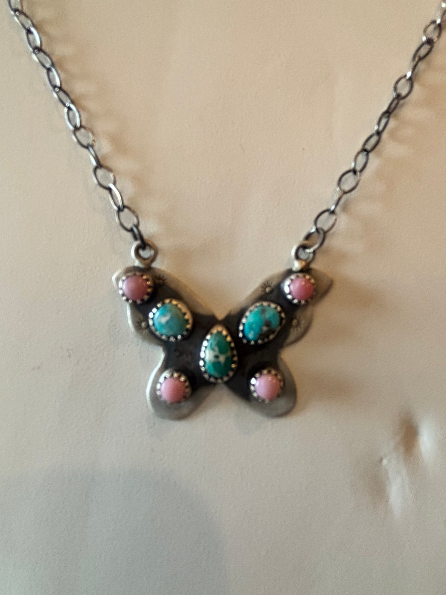 White Water Turquoise & Pink Conch Butterfly Necklace in SS