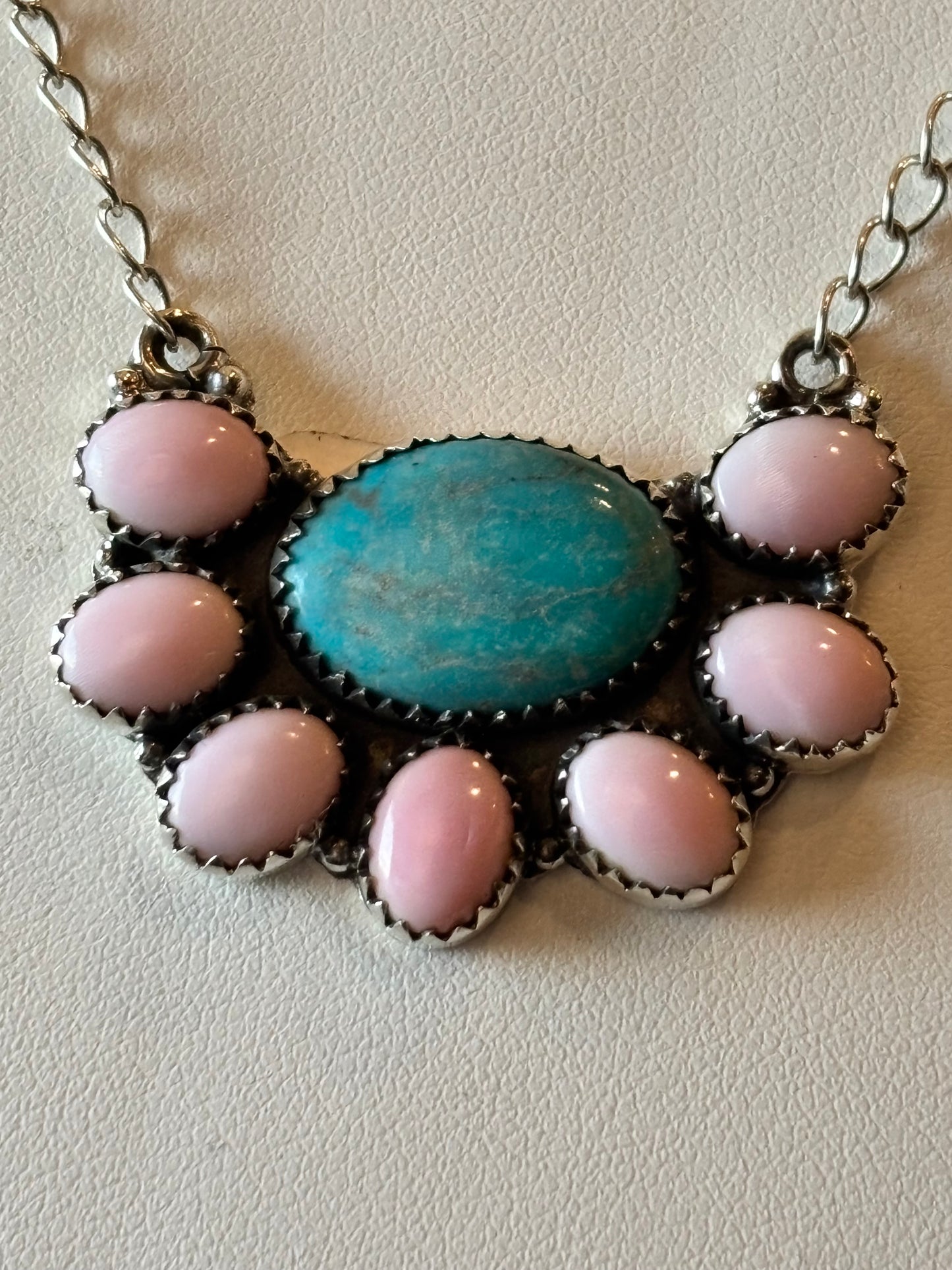 Kingman Turquoise & Pink Conch Cluster Necklace in SS