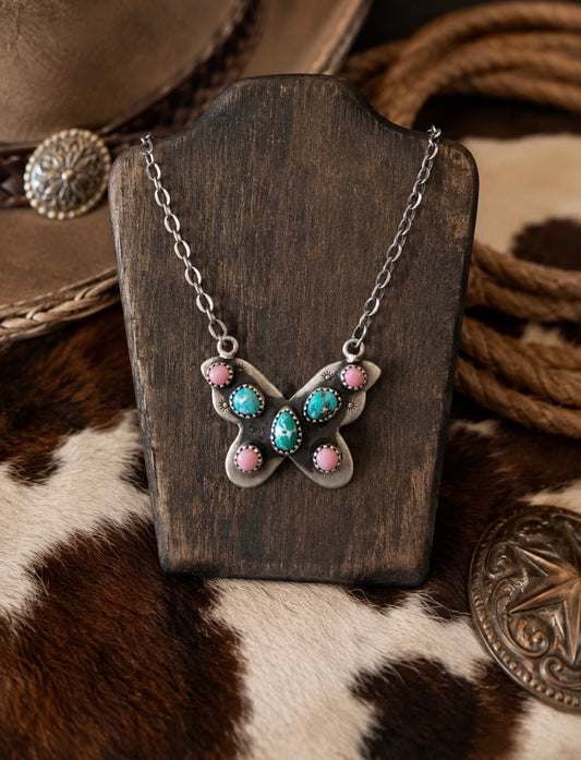 White Water Turquoise & Pink Conch Butterfly Necklace in SS