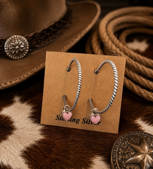 Sterling Silver Pink Conch Heart Charms Hoop Earings