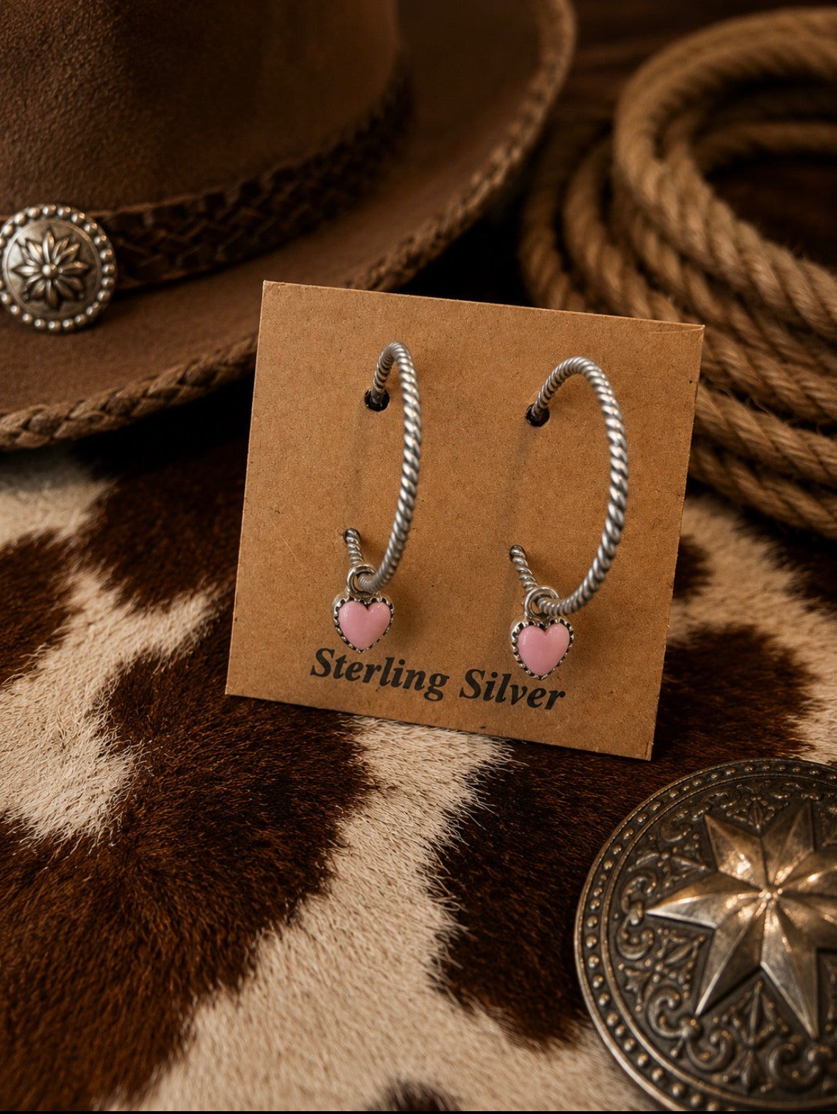 Sterling Silver Pink Conch Heart Charms Hoop Earings