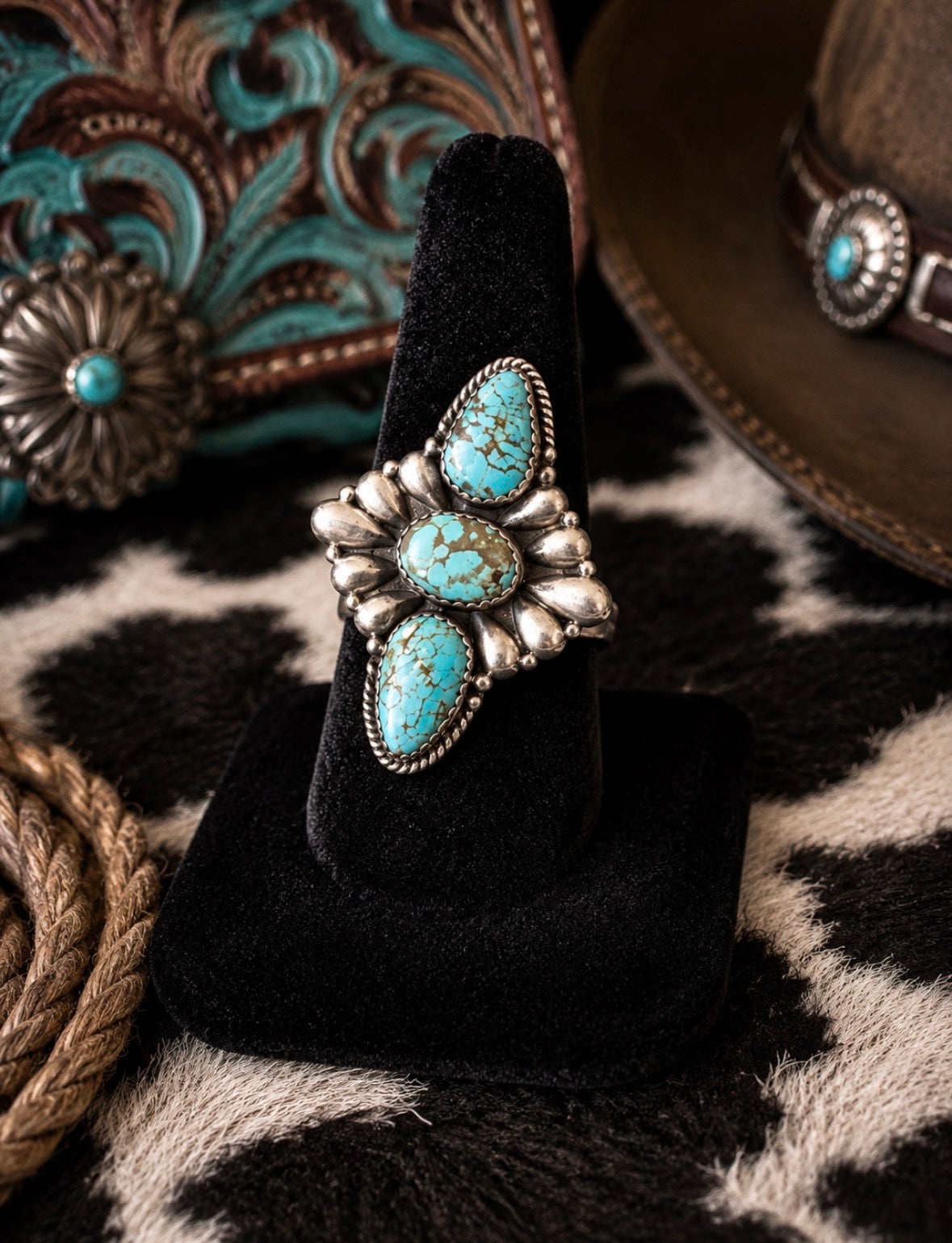 Authentic Kingman Turquoise Cluster Statement Ring/ Sterling Silver
