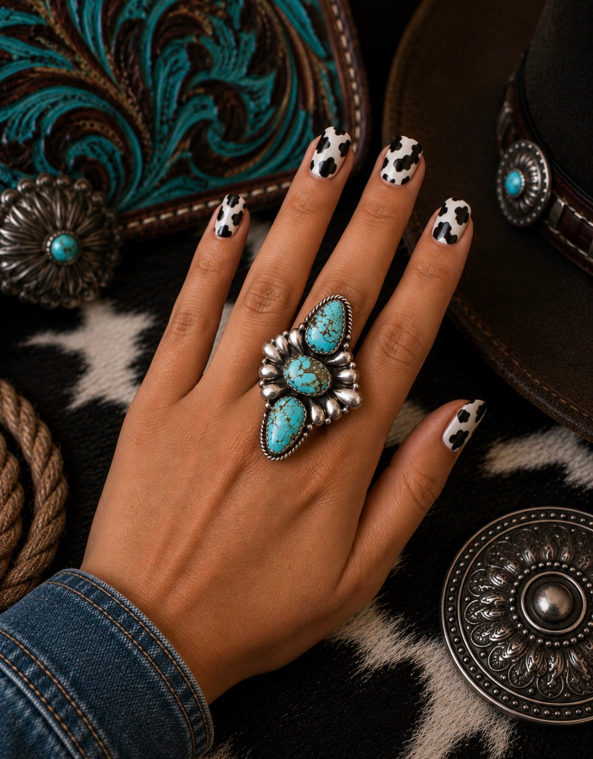 Authentic Kingman Turquoise Cluster Statement Ring/ Sterling Silver