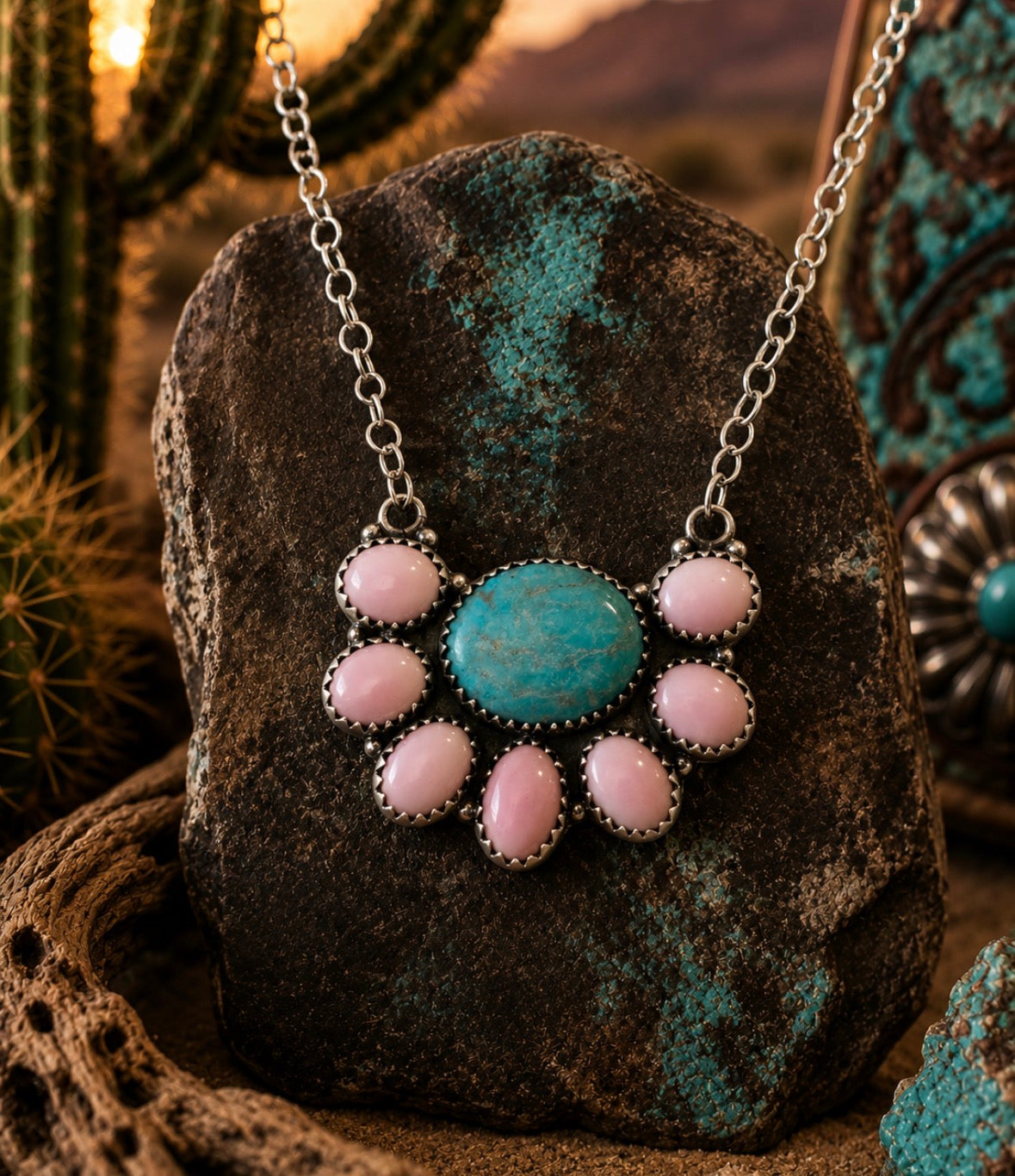 Kingman Turquoise & Pink Conch Cluster Necklace in SS