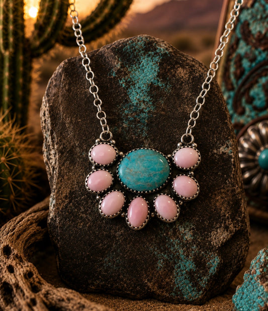 Kingman Turquoise & Pink Conch Cluster Necklace in SS