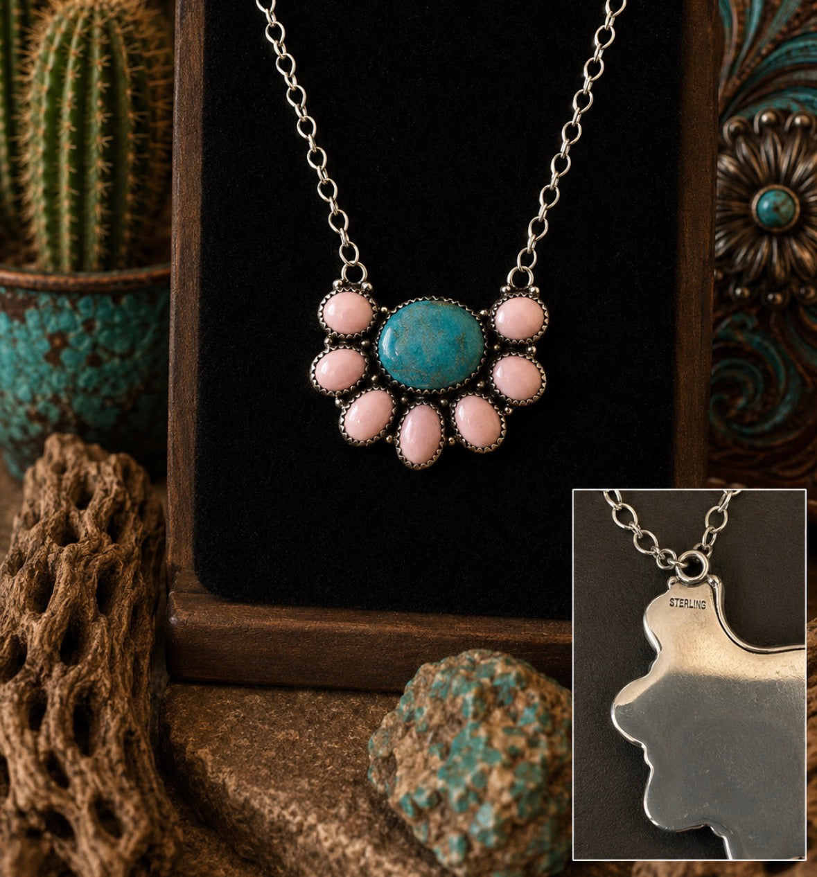 Kingman Turquoise & Pink Conch Cluster Necklace in SS