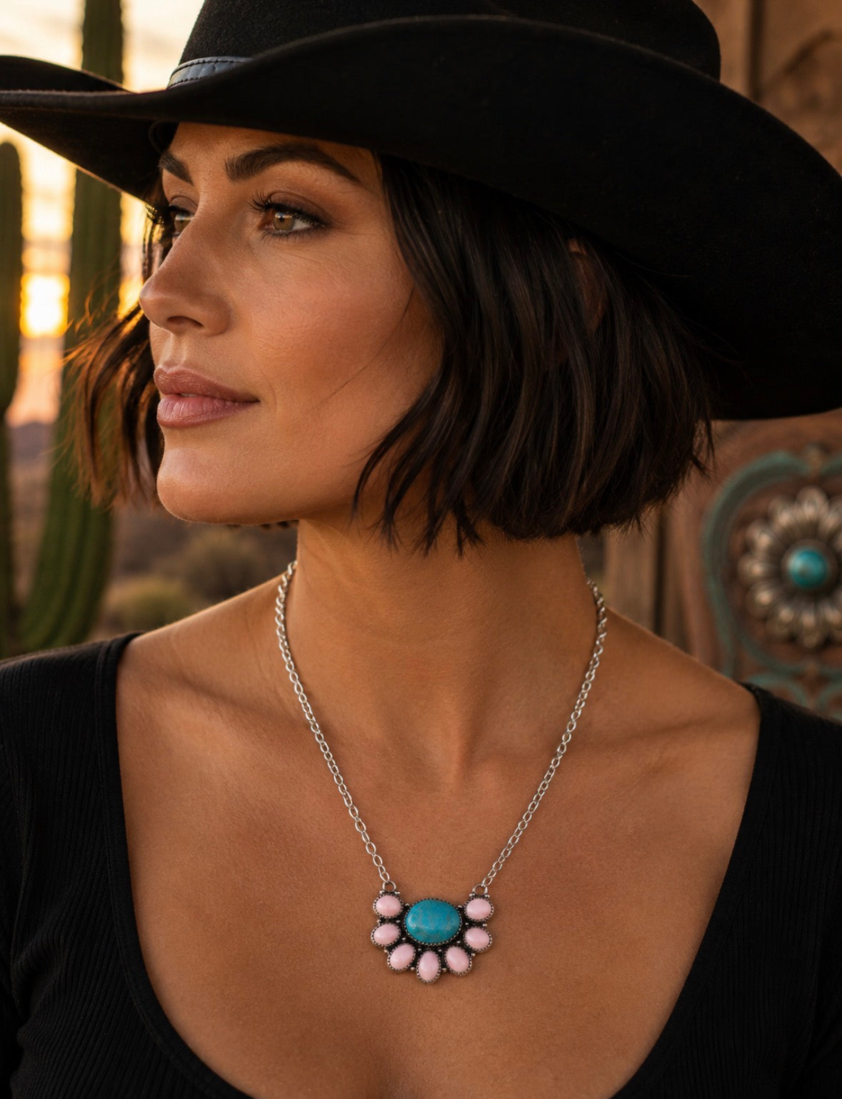 Kingman Turquoise & Pink Conch Cluster Necklace in SS