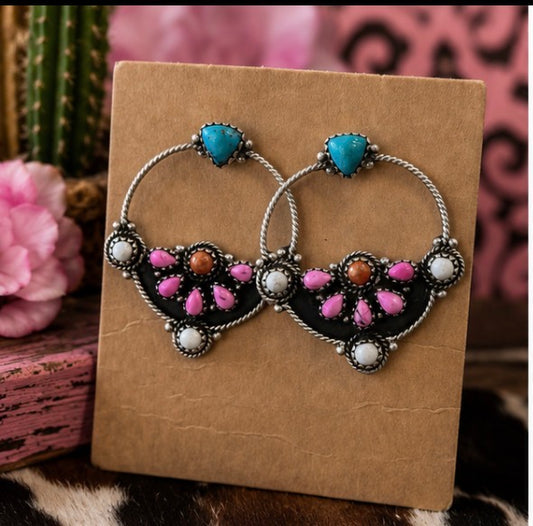 Kingman Turquoise, Pink Spiny Oyster & White Buffalo Hoop Earings in SS