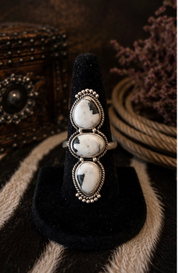 Authentic White Buffalo Turquoise Triple Stone Ring set in Sterling Silver