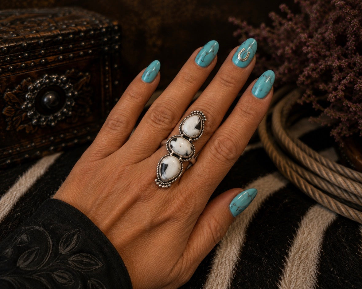Authentic White Buffalo Turquoise Triple Stone Ring set in Sterling Silver