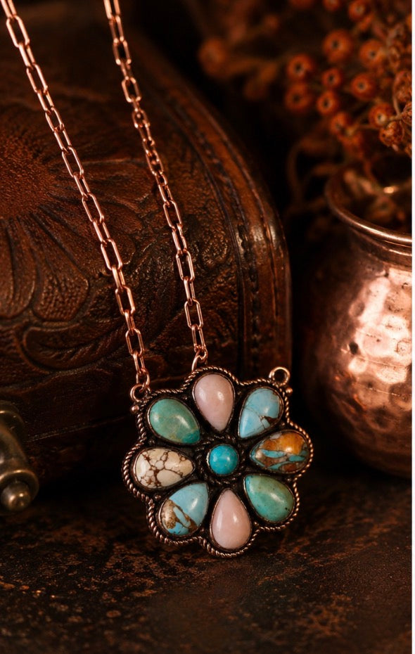 Copper Multi-Stone Flower Pendant Necklace with authentic Turquoise & Pink Conch Stones.