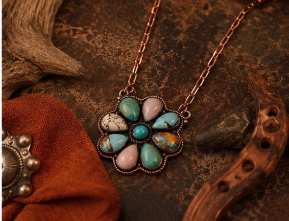 Copper Multi-Stone Flower Pendant Necklace with authentic Turquoise & Pink Conch Stones.