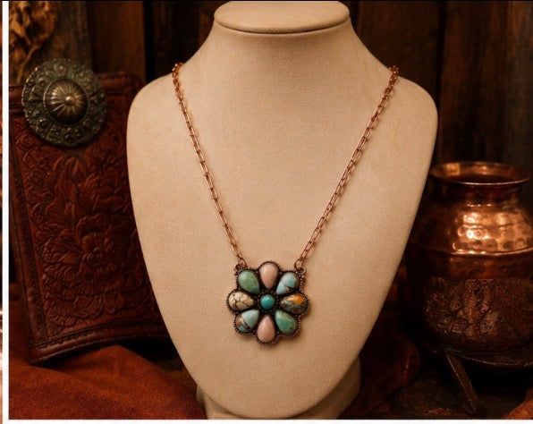 Copper Multi-Stone Flower Pendant Necklace with authentic Turquoise & Pink Conch Stones.