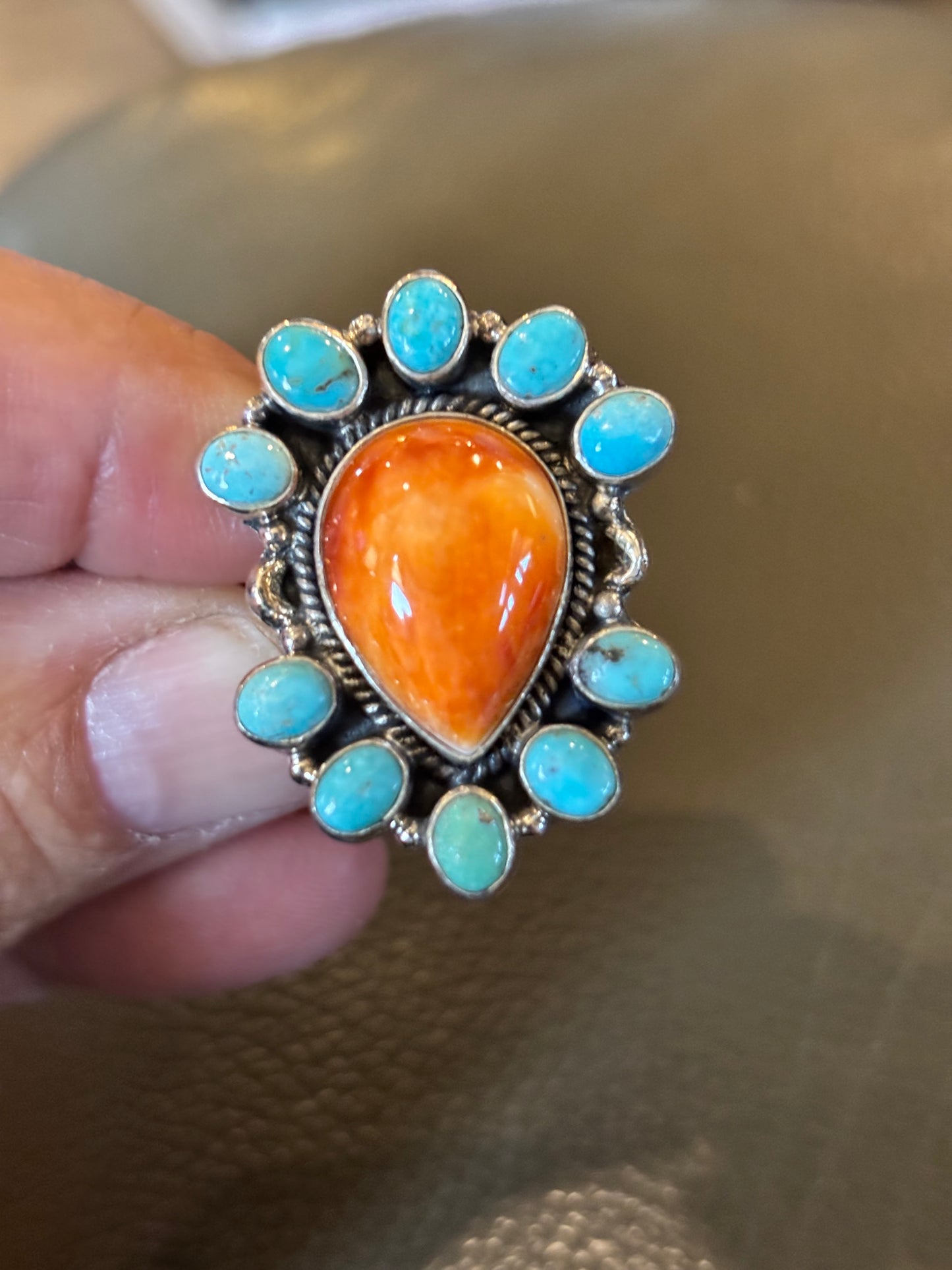 Southwestern Sunset Turquoise and Spiny Orange Statement Ring in Sterling Silver