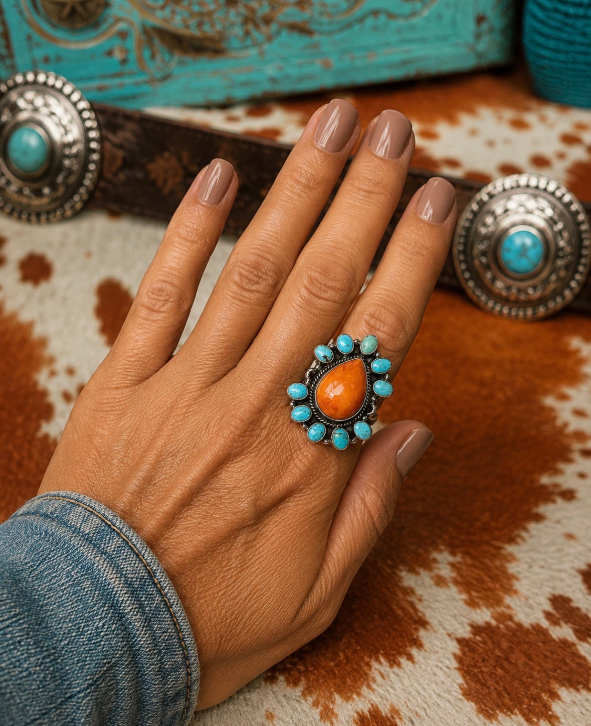 Southwestern Sunset Turquoise and Spiny Orange Statement Ring in Sterling Silver