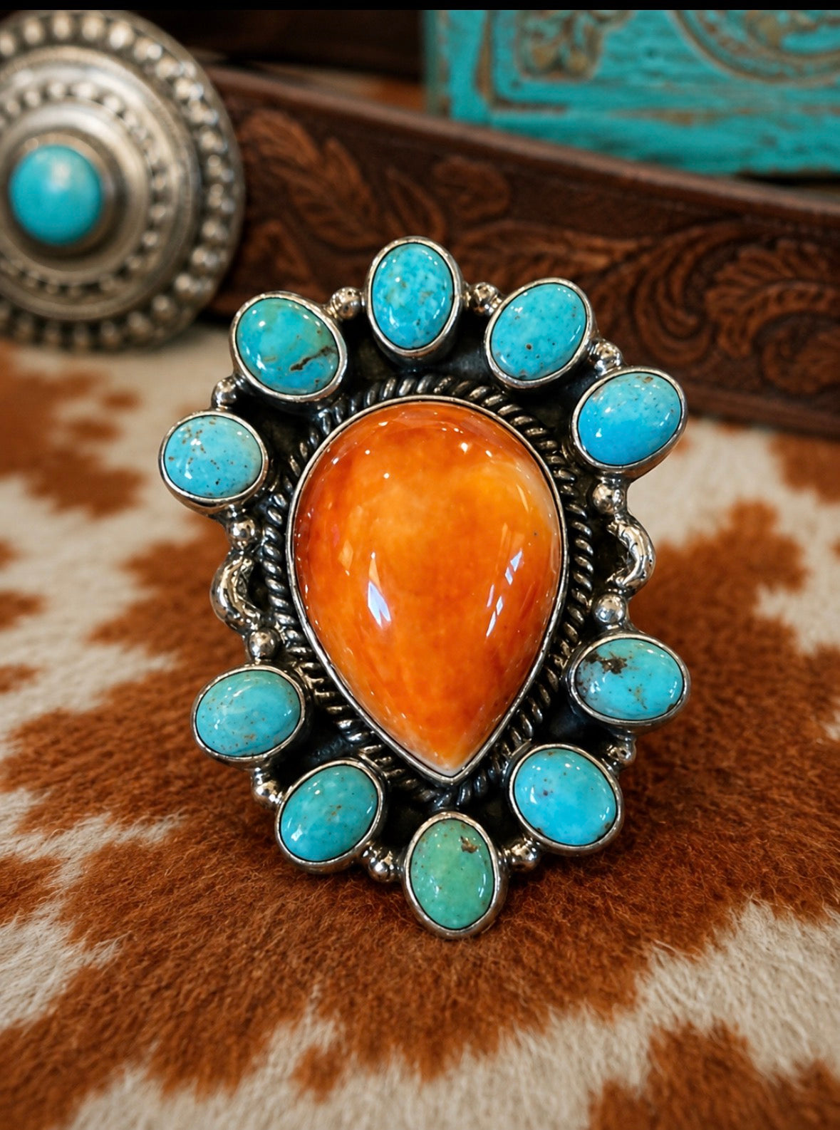 Southwestern Sunset Turquoise and Spiny Orange Statement Ring in Sterling Silver