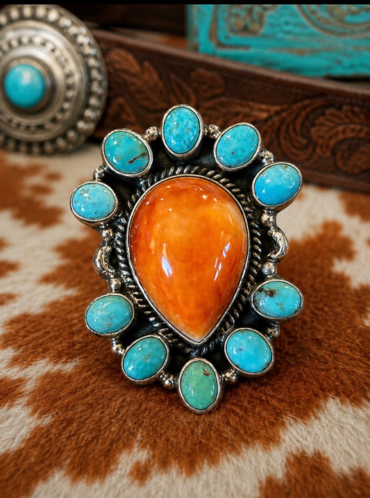 Southwestern Sunset Turquoise and Spiny Orange Statement Ring in Sterling Silver