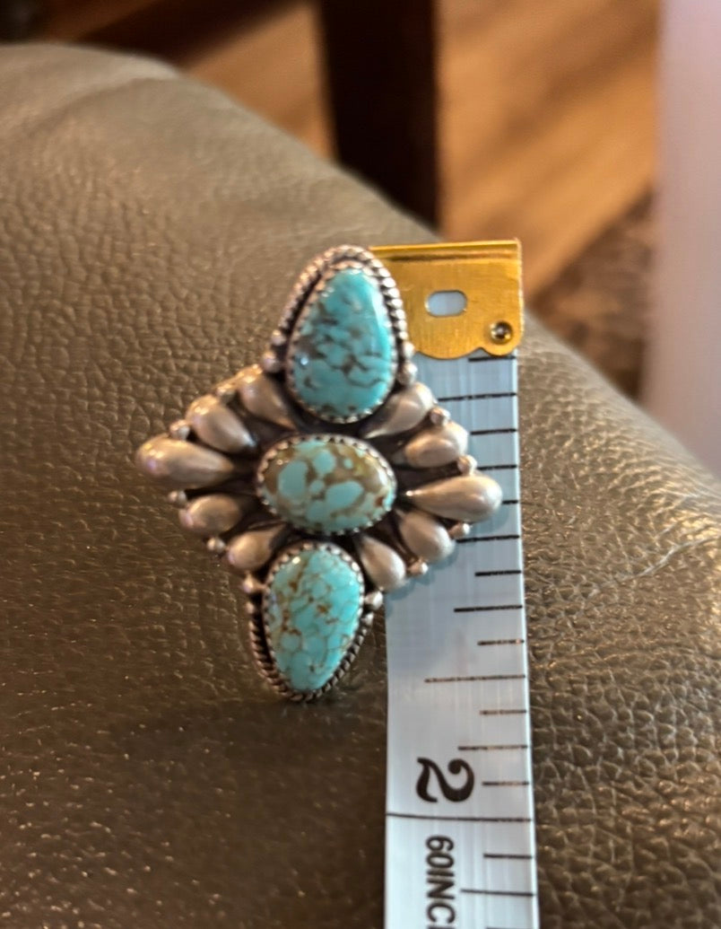 Authentic Kingman Turquoise Cluster Statement Ring/ Sterling Silver