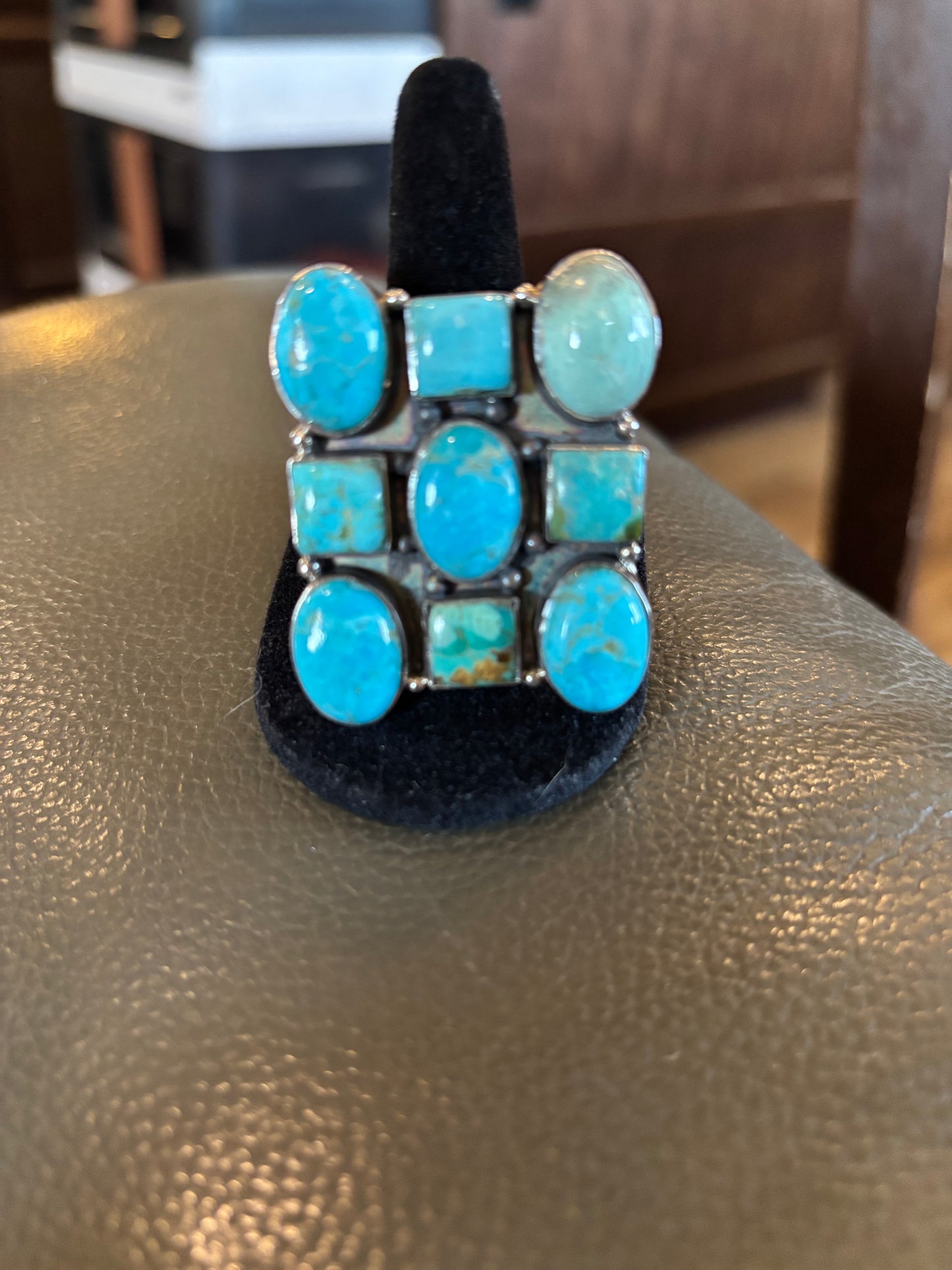 Large Kingman Turquoise Cluster Statement set in Ring in Sterling Silver