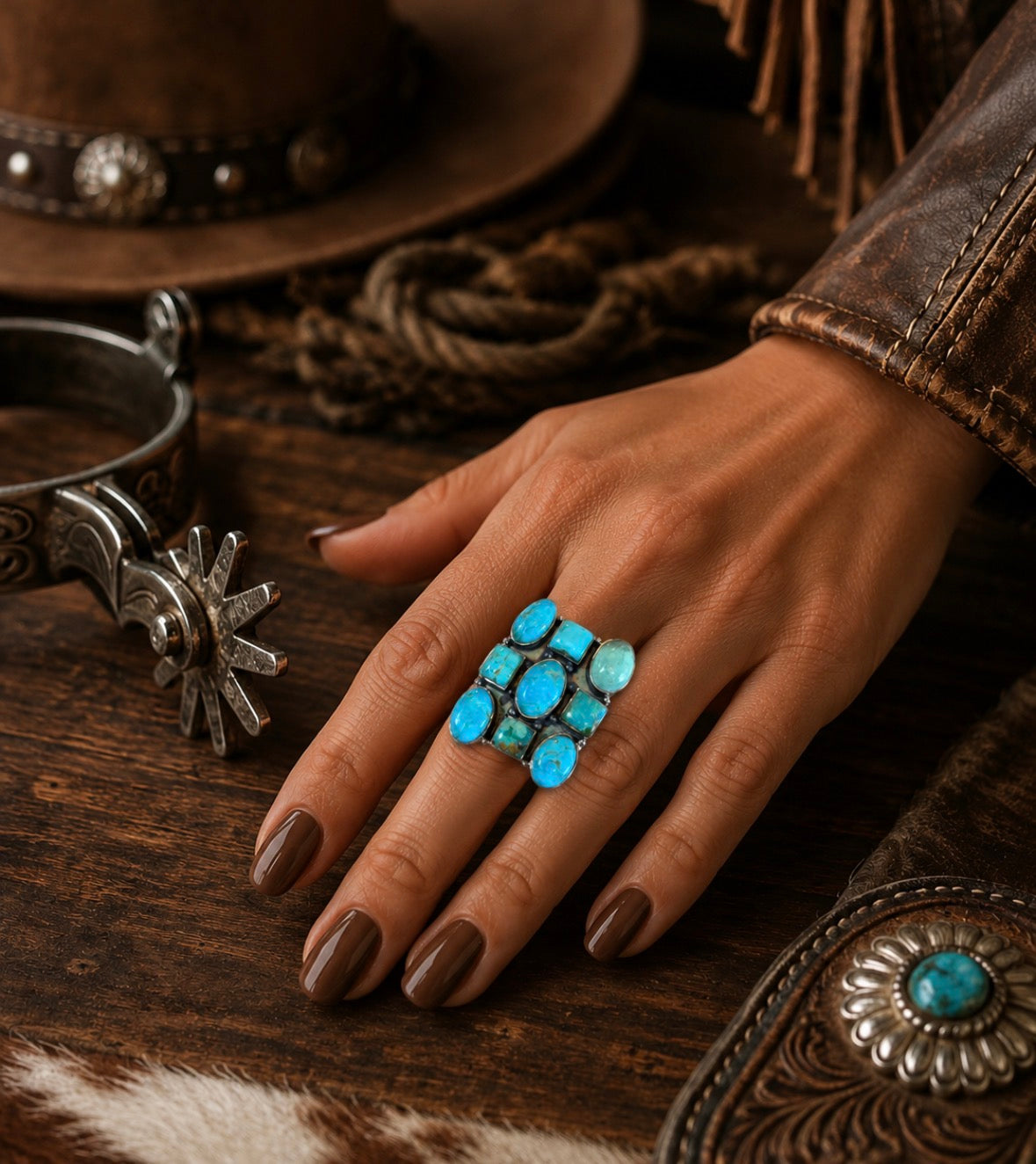 Large Kingman Turquoise Cluster Statement set in Ring in Sterling Silver
