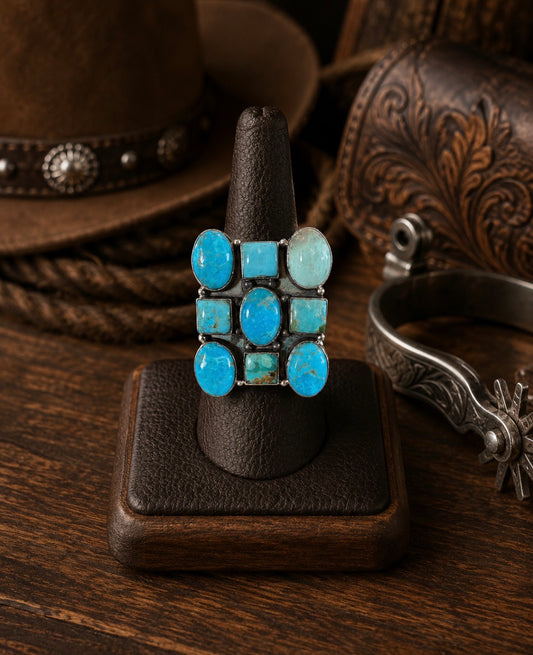 Large Kingman Turquoise Cluster Statement set in Ring in Sterling Silver