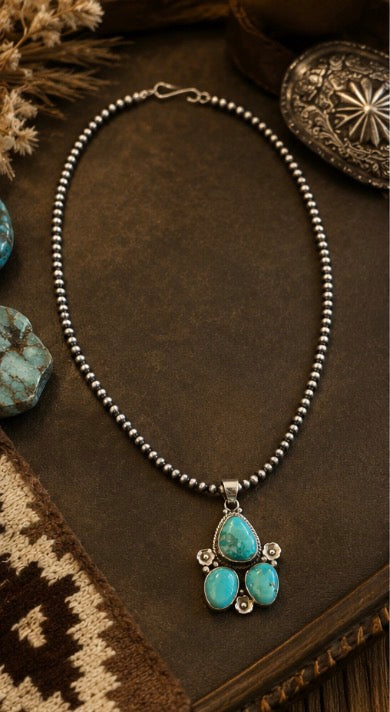 Authentic Kingman Turquoise Pendant on 16" 4mm Sterling Silver Pearl Bead Necklace