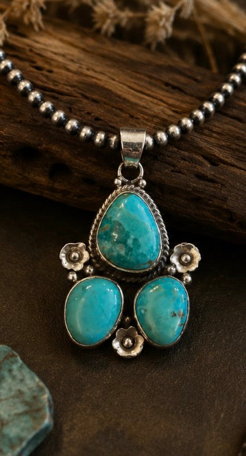 Authentic Kingman Turquoise Pendant on 16" 4mm Sterling Silver Pearl Bead Necklace