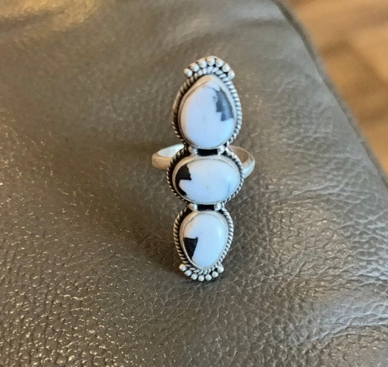 Authentic White Buffalo Turquoise Triple Stone Ring set in Sterling Silver