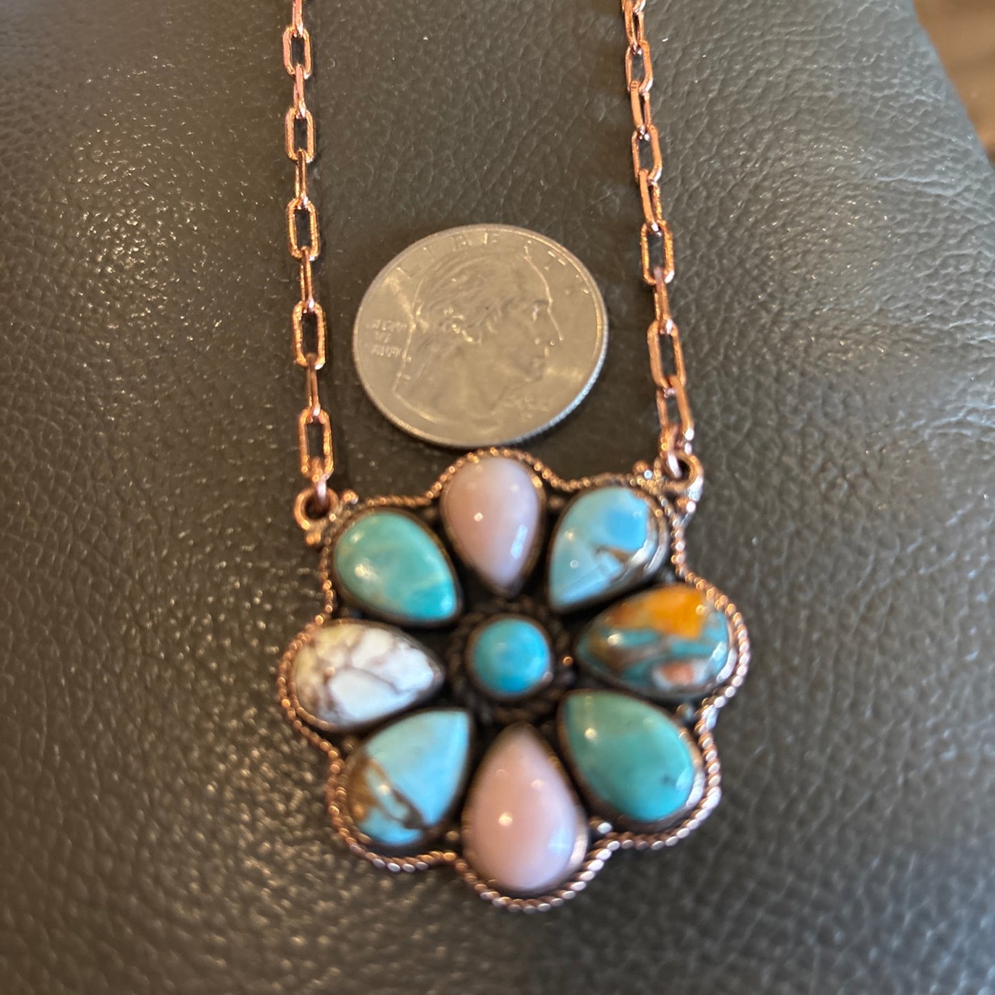 Copper Multi-Stone Flower Pendant Necklace with authentic Turquoise & Pink Conch Stones.