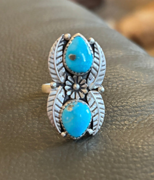 White Water Blue Turquoise Two BIf Stones Blossom Statement Ring in SS