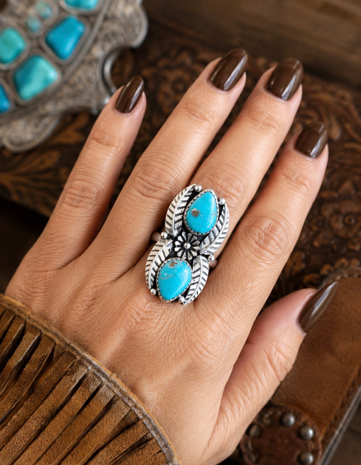 White Water Blue Turquoise Two BIf Stones Blossom Statement Ring in SS