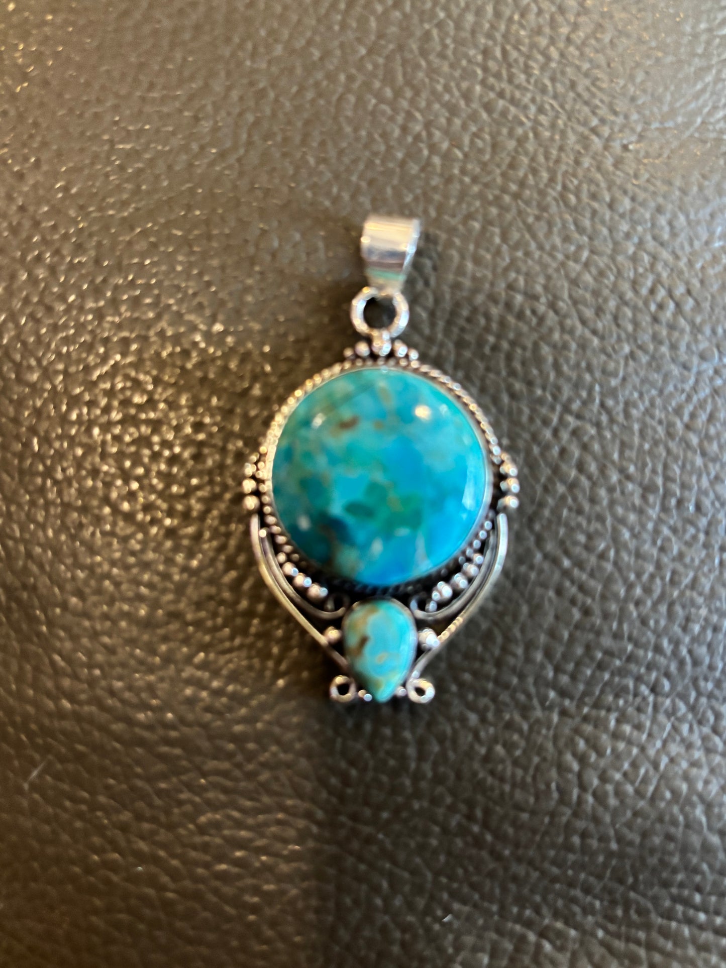 Kingman Turquoise Pendant on Sterling Silver on 16" 4mm Pearl Bead Necklace