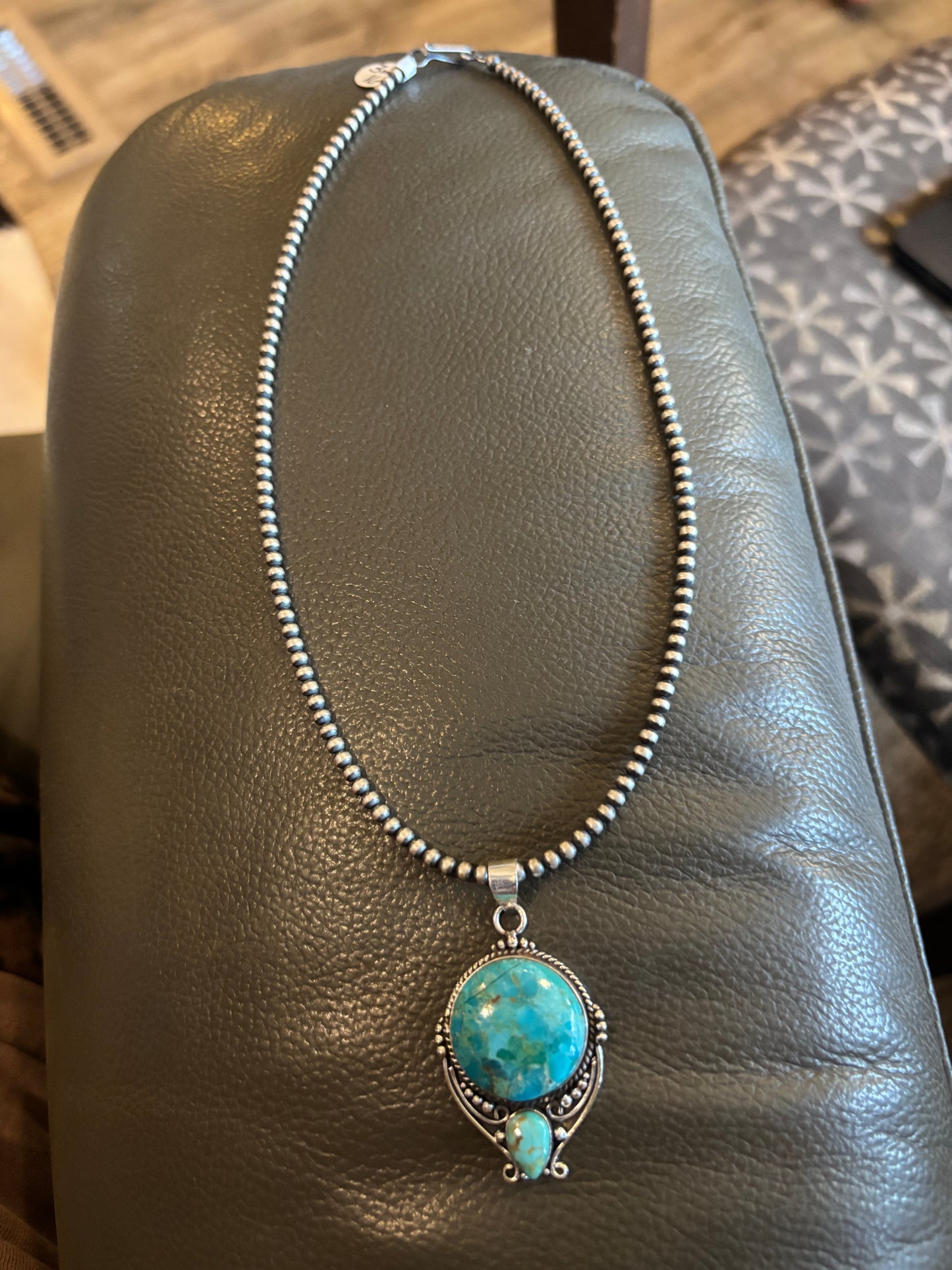 Kingman Turquoise Pendant on Sterling Silver on 16" 4mm Pearl Bead Necklace