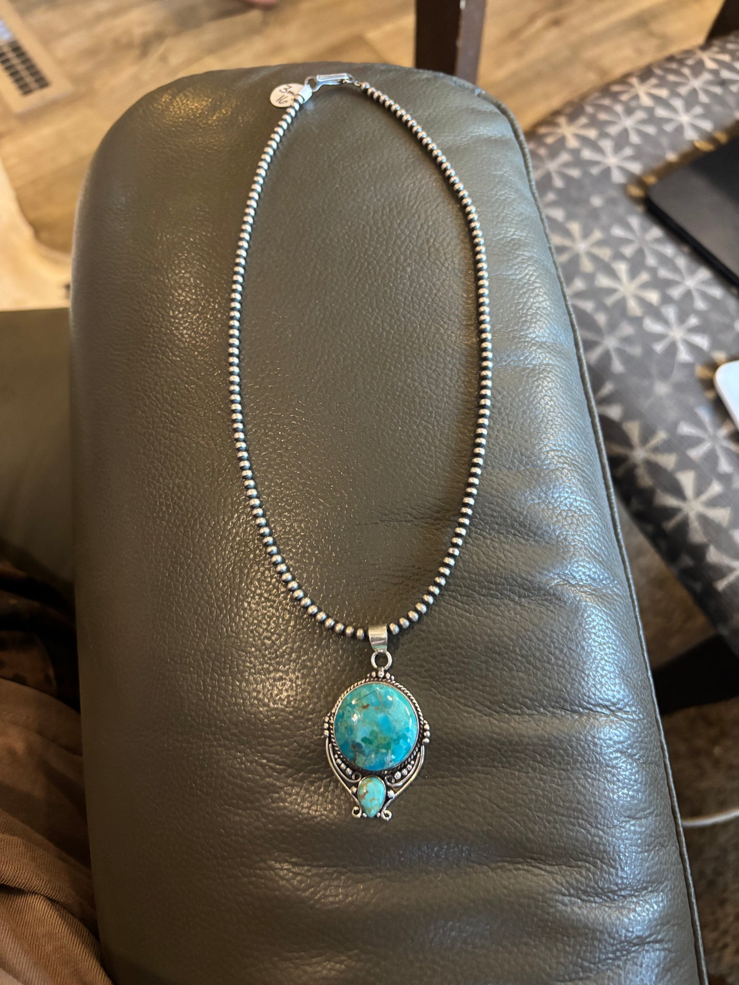 Kingman Turquoise Pendant on Sterling Silver on 16" 4mm Pearl Bead Necklace