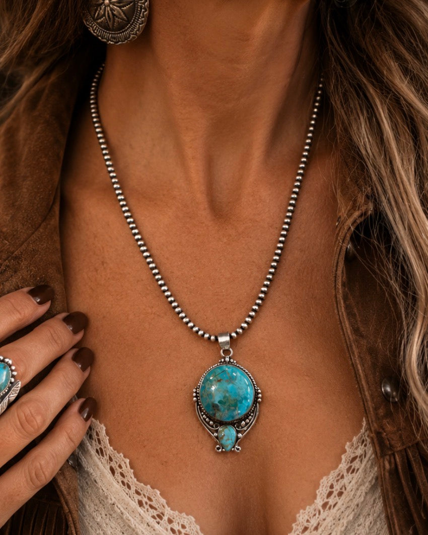 Kingman Turquoise Pendant on Sterling Silver on 16" 4mm Pearl Bead Necklace