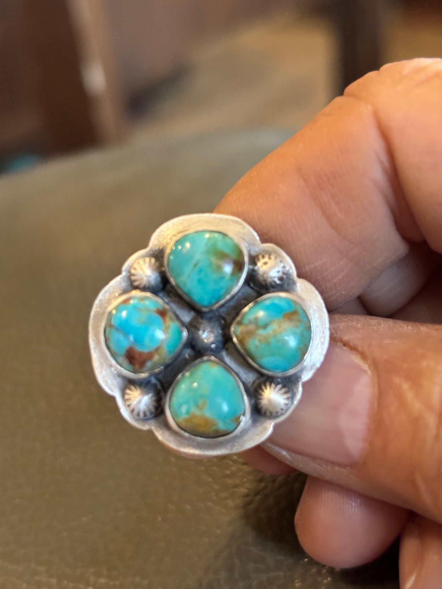 Number Eight Turquoise Blue w Gold Vein Cluster Ring in Sterling Silver