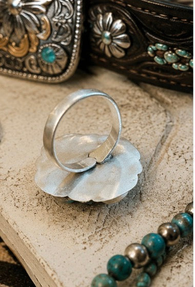 Number Eight Turquoise Blue w Gold Vein Cluster Ring in Sterling Silver