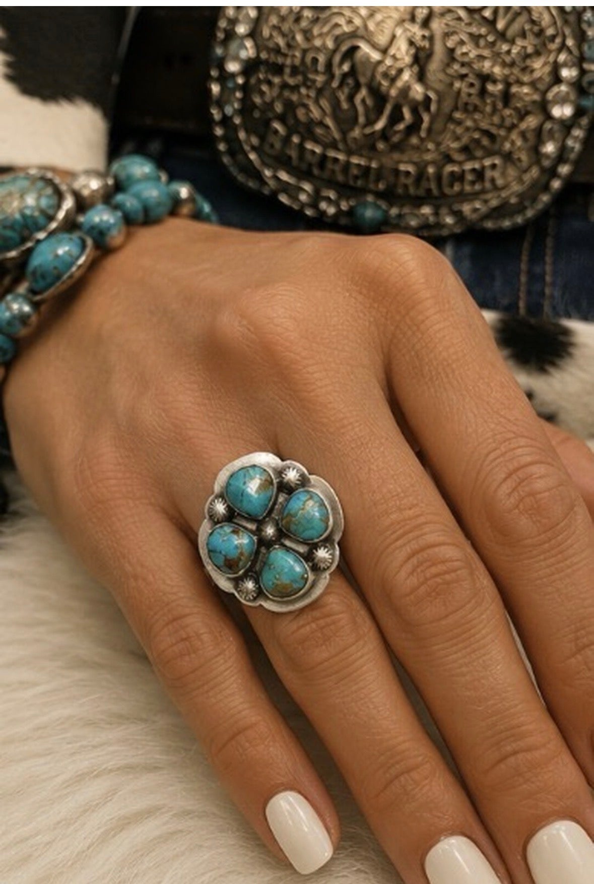 Number Eight Turquoise Blue w Gold Vein Cluster Ring in Sterling Silver